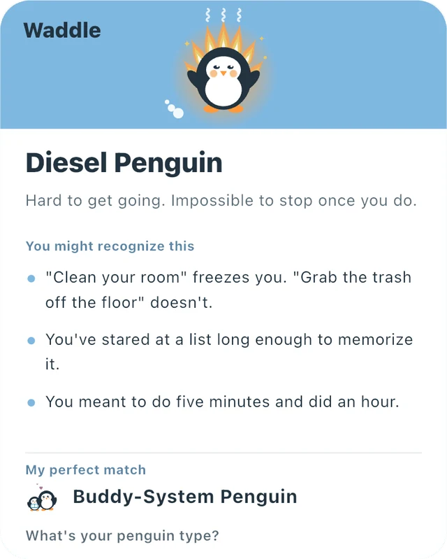 A type card: Diesel Penguin, with three lines you might recognize