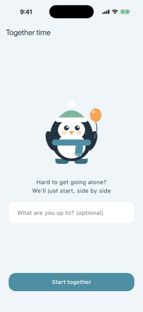 A penguin working alongside you in a body doubling session