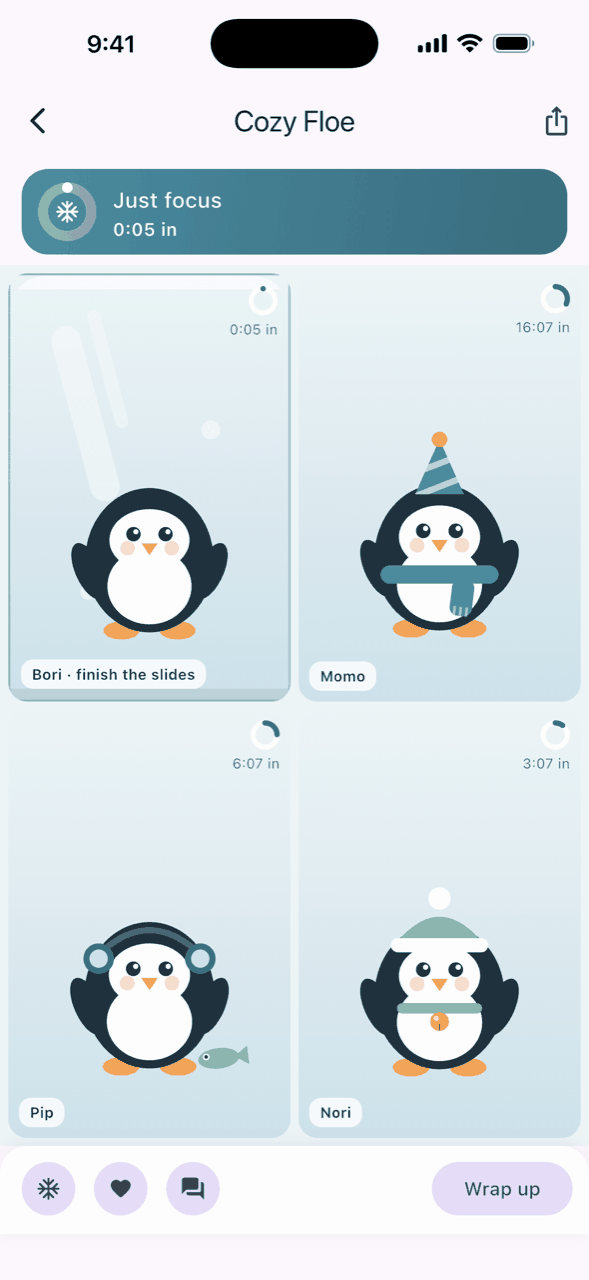 Focus gallery: a grid of four penguins, each with a progress ring
