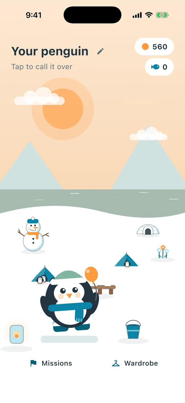 Your penguin on its island, with a snowman, a campfire and a bench