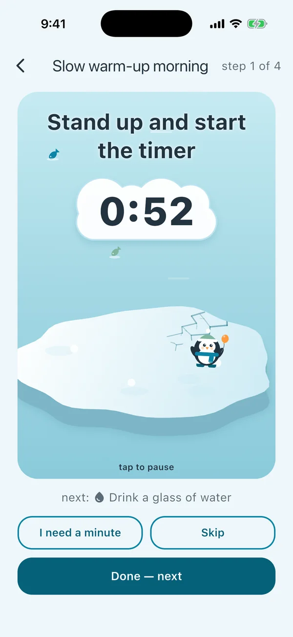 A routine step running: Stand up and start the timer, on a melting ice floe
