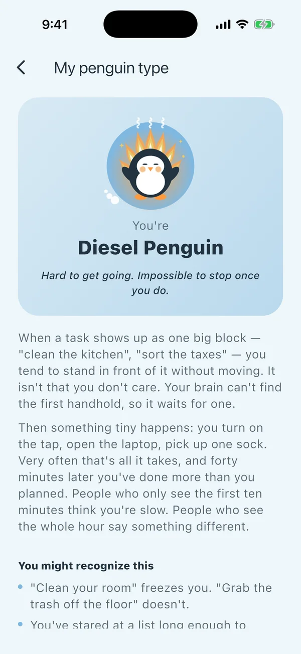 Result page: You are a Diesel Penguin. Hard to get going. Impossible to stop once you do.