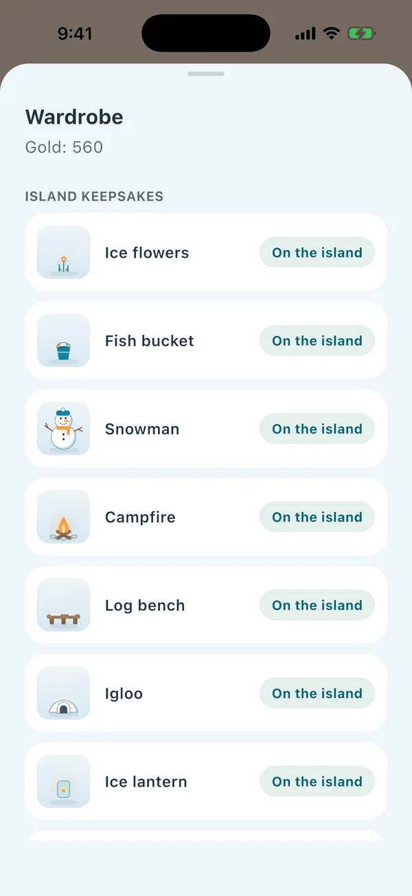 The wardrobe: island keepsakes like ice flowers, a fish bucket and a snowman